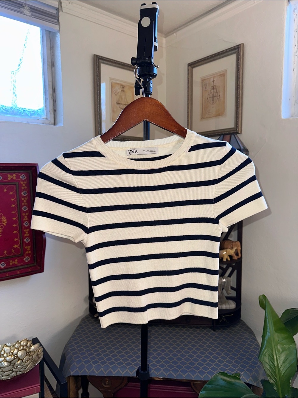 Zara Women’s Cream & Navy Striped Short Sleeve Top